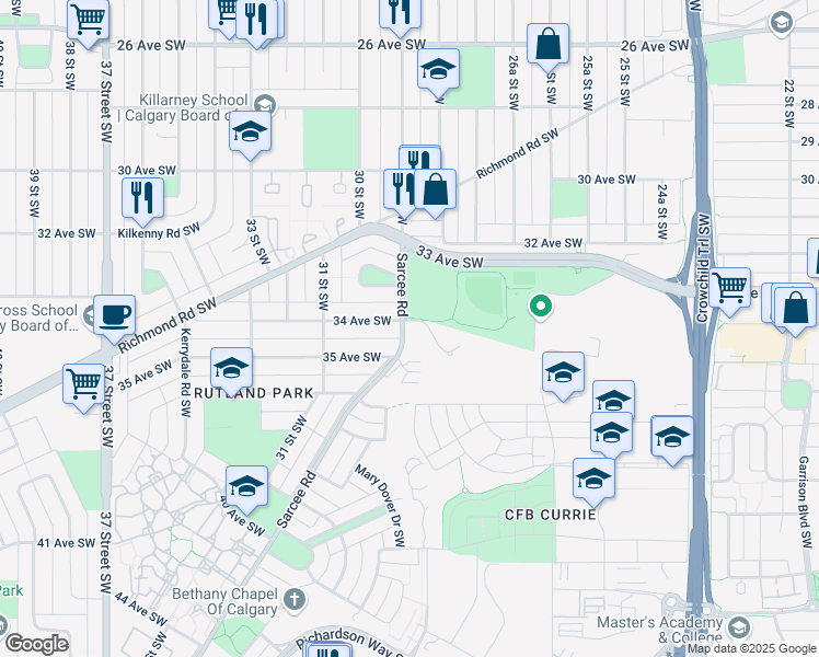 map of restaurants, bars, coffee shops, grocery stores, and more near 3600 29 Street Southwest in Calgary