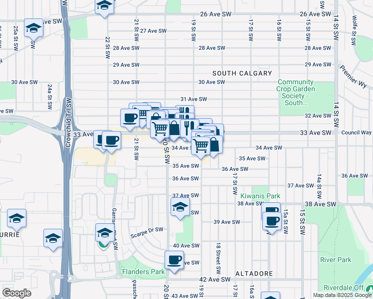 map of restaurants, bars, coffee shops, grocery stores, and more near 2033 34 Avenue Southwest in Calgary