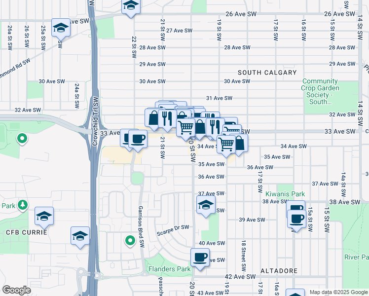 map of restaurants, bars, coffee shops, grocery stores, and more near 2104 35 Avenue Southwest in Calgary