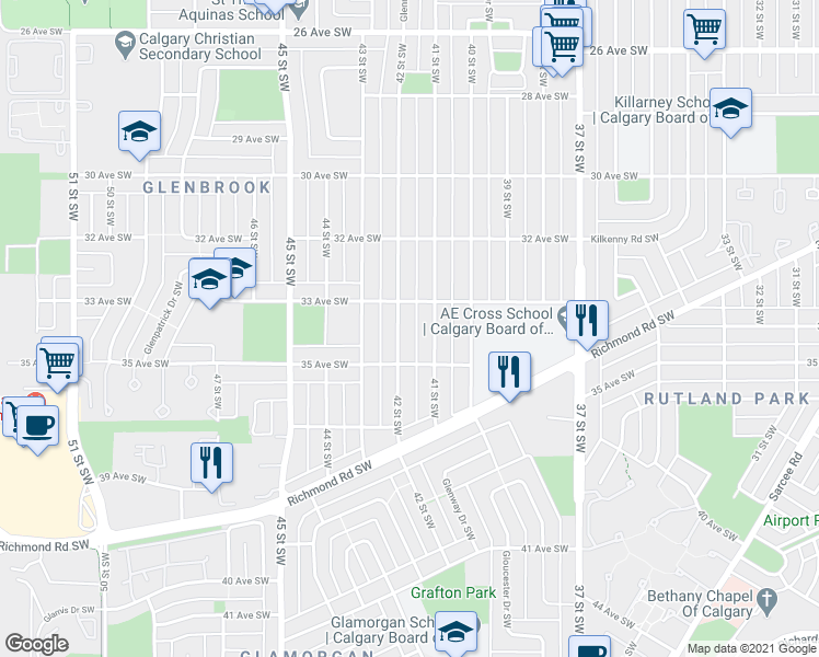 map of restaurants, bars, coffee shops, grocery stores, and more near 3520 42 Street Southwest in Calgary