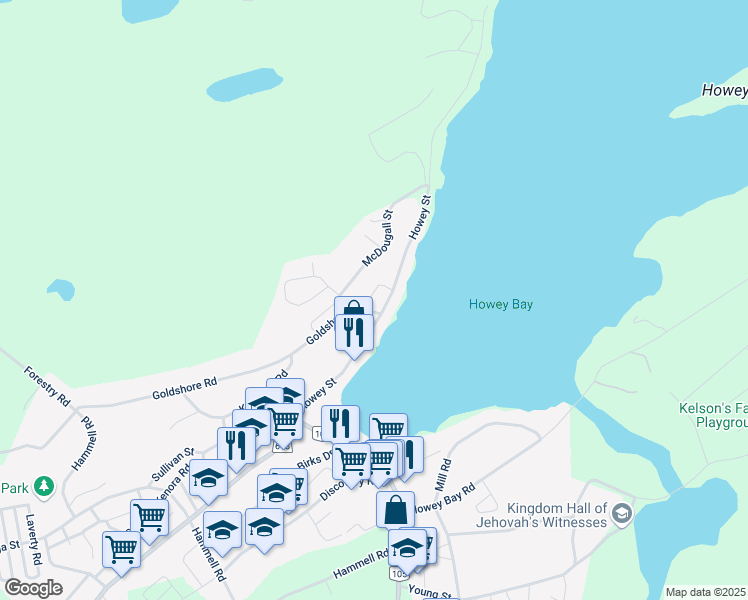 map of restaurants, bars, coffee shops, grocery stores, and more near 115 Howey Street in Red Lake