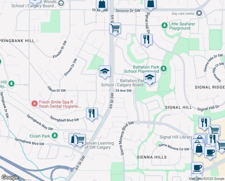 map of restaurants, bars, coffee shops, grocery stores, and more near 69 Street Southwest & 34 Avenue Southwest in Calgary