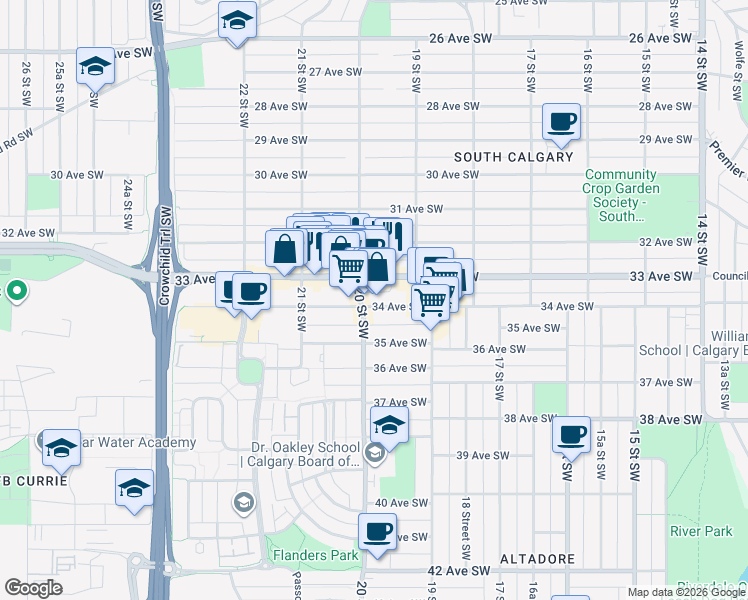 map of restaurants, bars, coffee shops, grocery stores, and more near 2101 33 Avenue Southwest in Calgary
