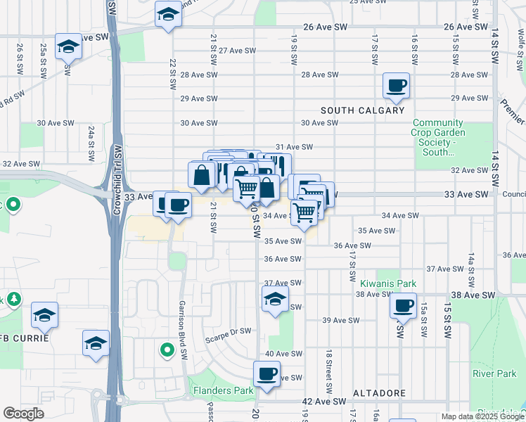 map of restaurants, bars, coffee shops, grocery stores, and more near 2101 33 Avenue Southwest in Calgary