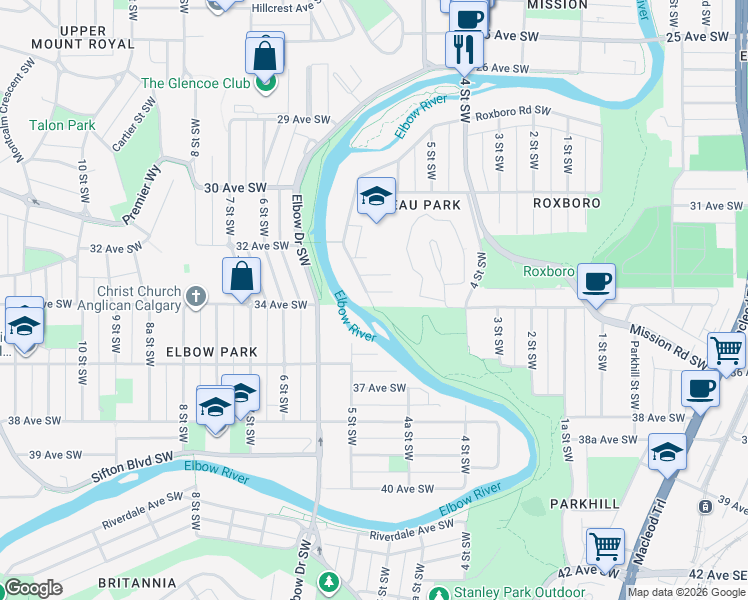 map of restaurants, bars, coffee shops, grocery stores, and more near 514 33 Avenue Southwest in Calgary