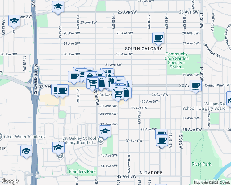 map of restaurants, bars, coffee shops, grocery stores, and more near 1940 34 Avenue Southwest in Calgary