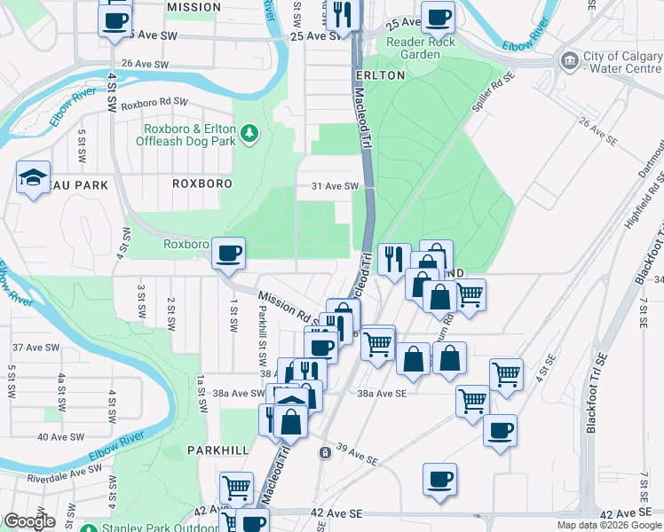 map of restaurants, bars, coffee shops, grocery stores, and more near in Calgary