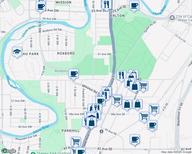 map of restaurants, bars, coffee shops, grocery stores, and more near in Calgary