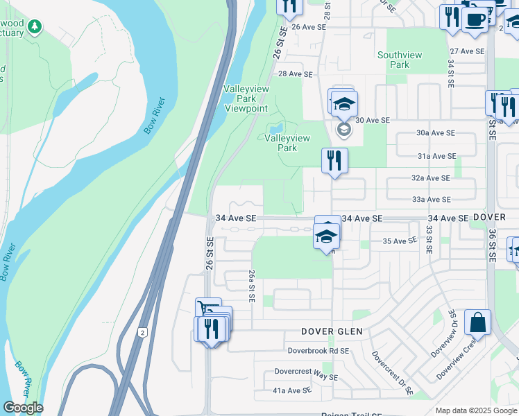 map of restaurants, bars, coffee shops, grocery stores, and more near 6000 Valleyview Park Southeast in Calgary