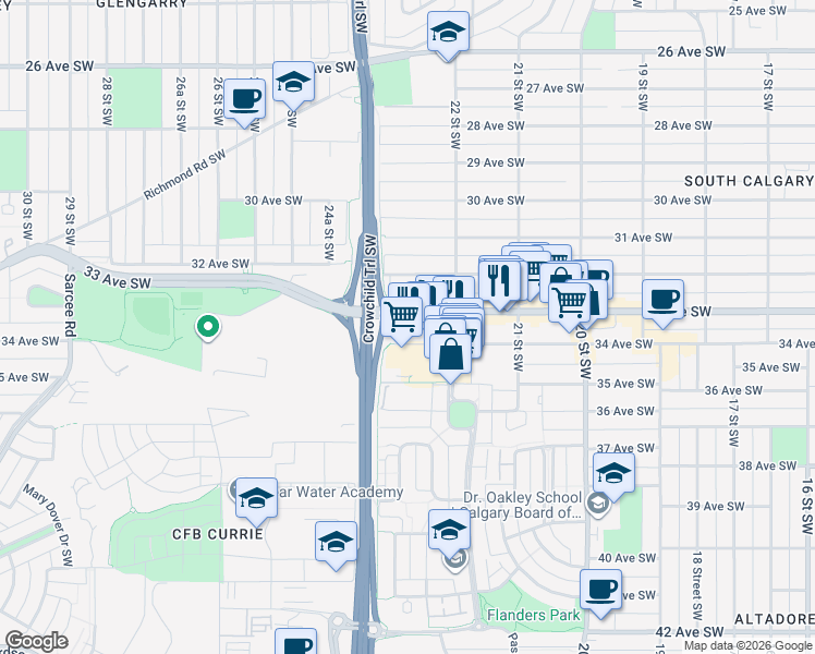 map of restaurants, bars, coffee shops, grocery stores, and more near 2440 34 Avenue Southwest in Calgary
