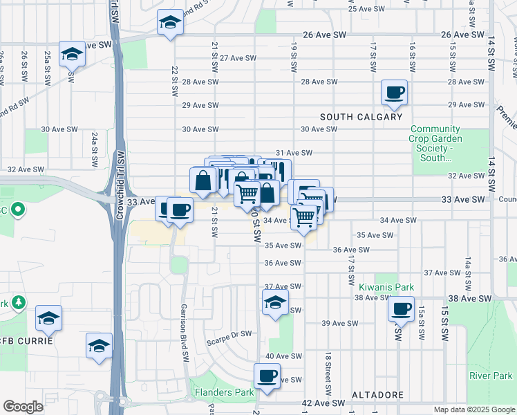 map of restaurants, bars, coffee shops, grocery stores, and more near 2101 33 Avenue Southwest in Calgary