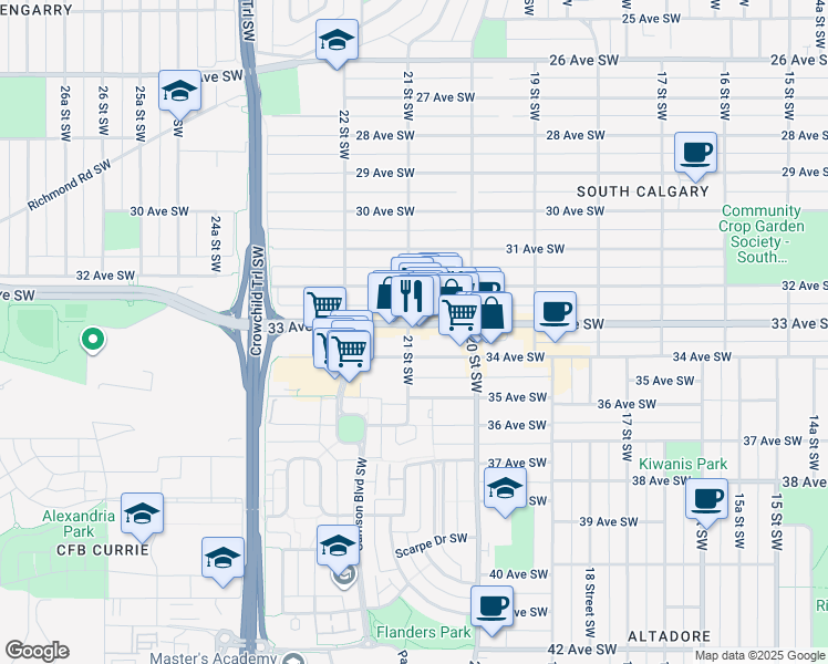 map of restaurants, bars, coffee shops, grocery stores, and more near in Calgary