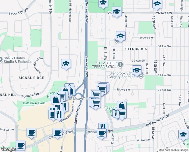 map of restaurants, bars, coffee shops, grocery stores, and more near 35 Glengrove Close Southwest in Calgary