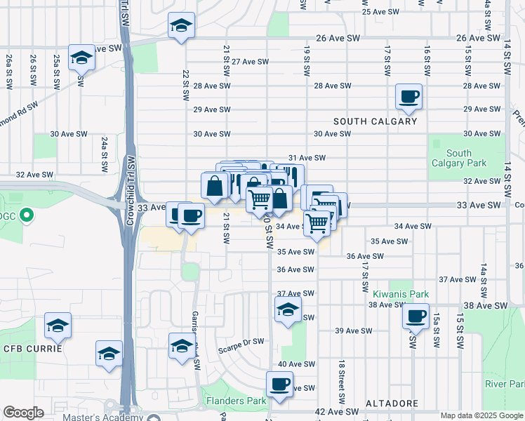 map of restaurants, bars, coffee shops, grocery stores, and more near 2101 33 Avenue Southwest in Calgary