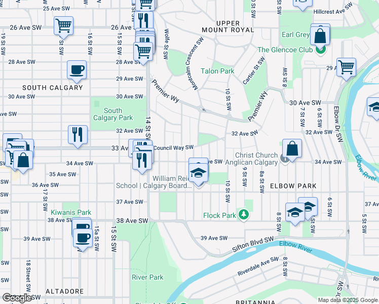 map of restaurants, bars, coffee shops, grocery stores, and more near 1301 Council Way Southwest in Calgary