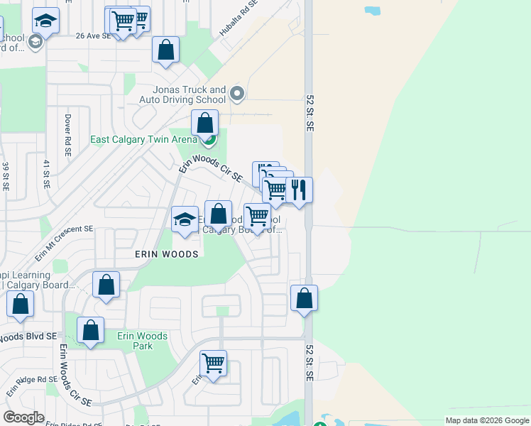 map of restaurants, bars, coffee shops, grocery stores, and more near 31 Erin Grove Court Southeast in Calgary
