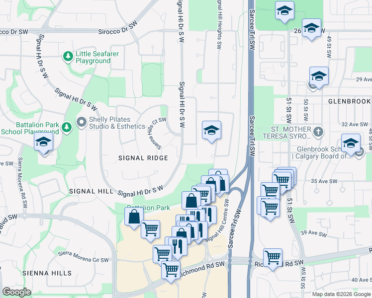 map of restaurants, bars, coffee shops, grocery stores, and more near 2900 Signal Hill Drive in Calgary