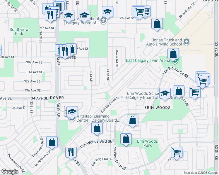 map of restaurants, bars, coffee shops, grocery stores, and more near 275 Dovercliffe Way Southeast in Calgary