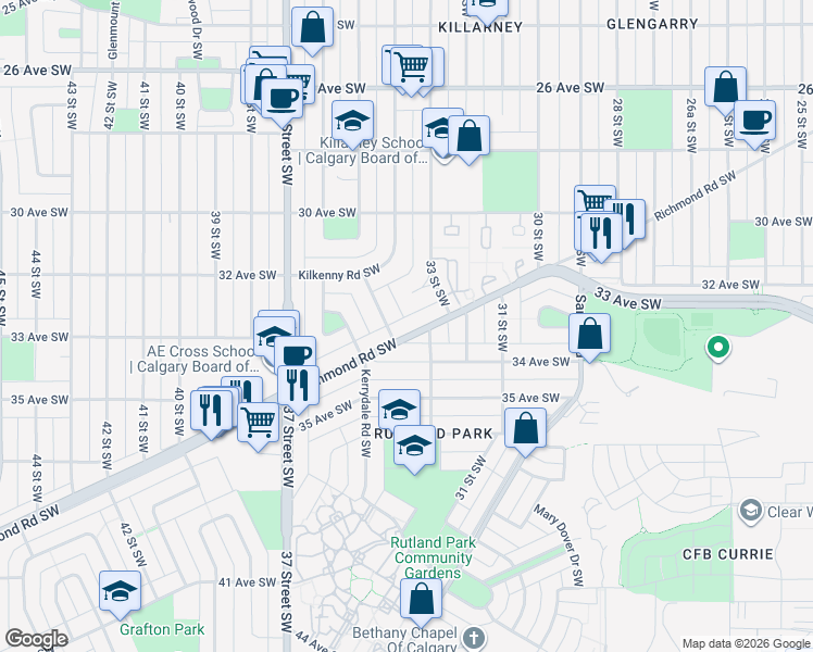map of restaurants, bars, coffee shops, grocery stores, and more near 3436 Richmond Road Southwest in Calgary