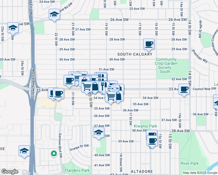 map of restaurants, bars, coffee shops, grocery stores, and more near in Calgary