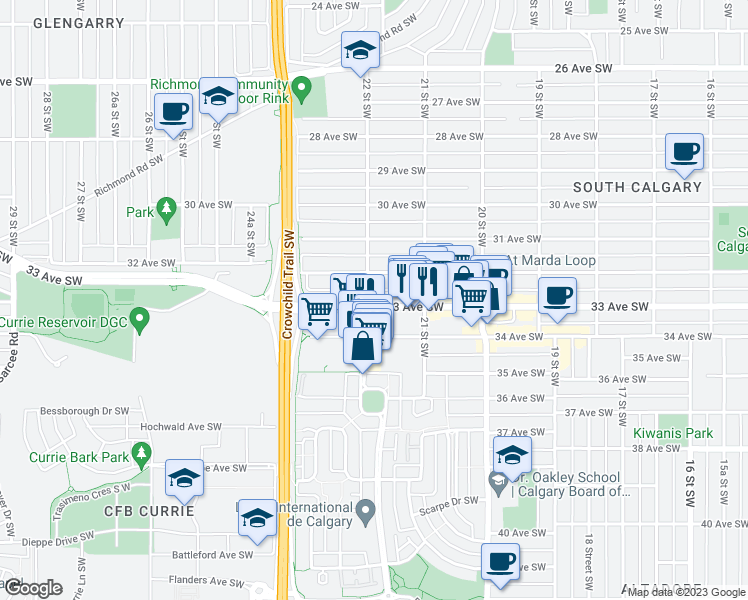 map of restaurants, bars, coffee shops, grocery stores, and more near 2240 33 Avenue Southwest in Calgary