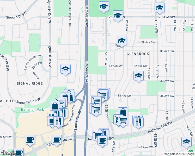 map of restaurants, bars, coffee shops, grocery stores, and more near 23 Glengrove Close Southwest in Calgary