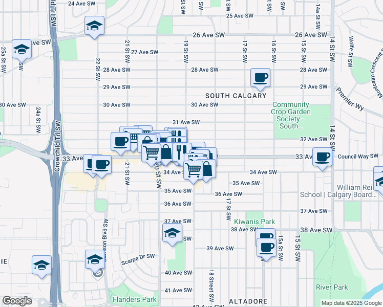 map of restaurants, bars, coffee shops, grocery stores, and more near 3350 19 Street Southwest in Calgary