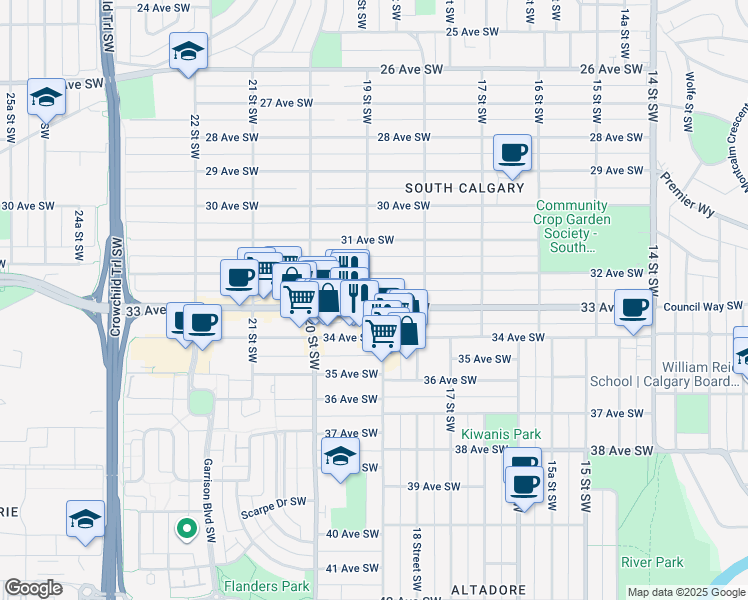 map of restaurants, bars, coffee shops, grocery stores, and more near in Calgary