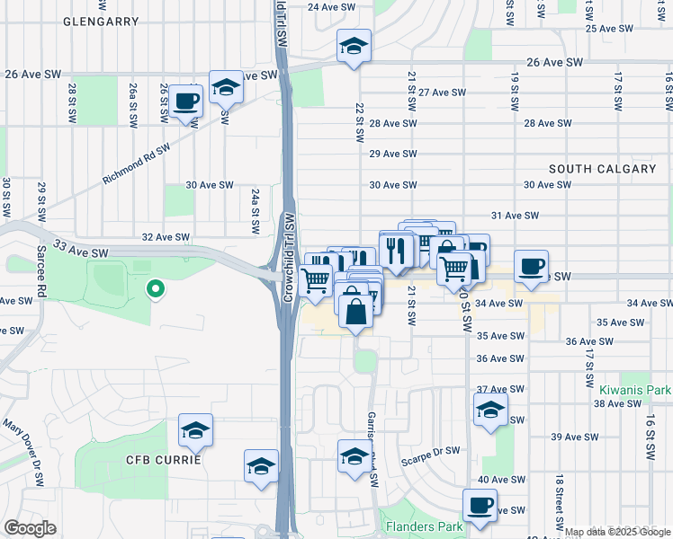 map of restaurants, bars, coffee shops, grocery stores, and more near 2412 34 Avenue Southwest in Calgary