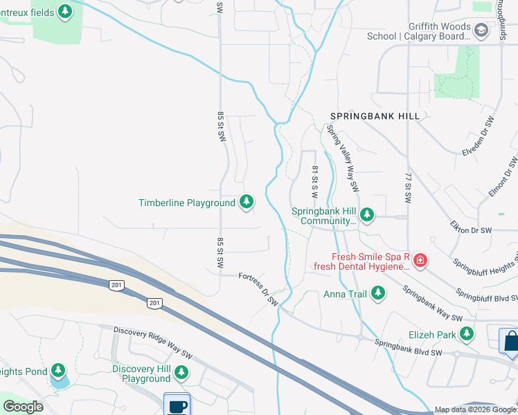 map of restaurants, bars, coffee shops, grocery stores, and more near 18 Timberline Place Southwest in Calgary