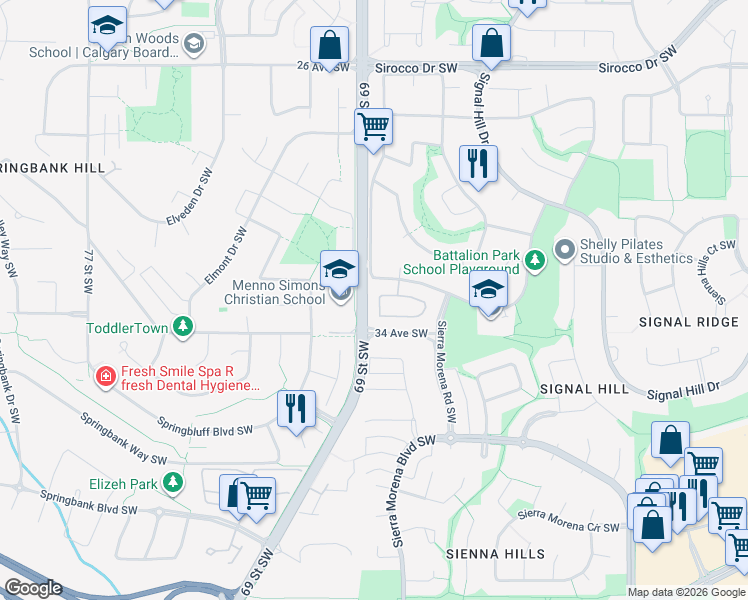 map of restaurants, bars, coffee shops, grocery stores, and more near 149 Sienna Park Green Southwest in Calgary