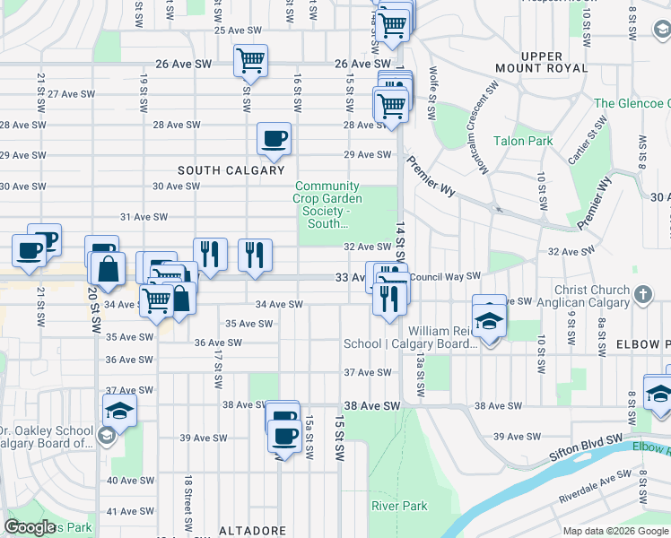 map of restaurants, bars, coffee shops, grocery stores, and more near in Calgary