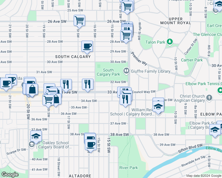 map of restaurants, bars, coffee shops, grocery stores, and more near 3375 15 Street Southwest in Calgary