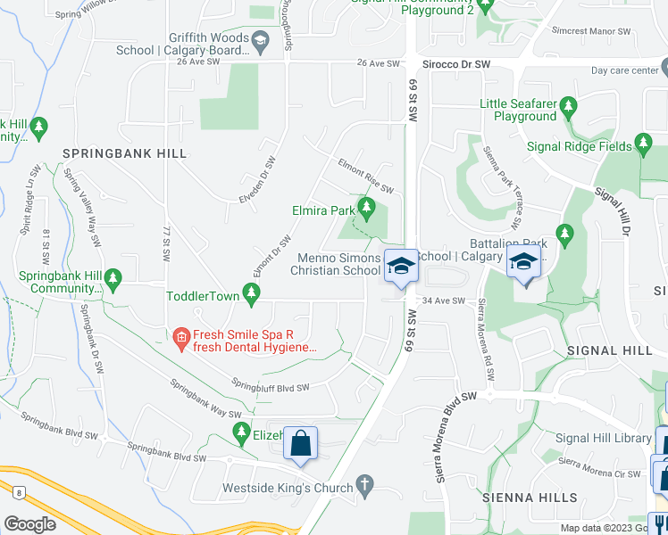 map of restaurants, bars, coffee shops, grocery stores, and more near 28 Elkton Place Southwest in Calgary