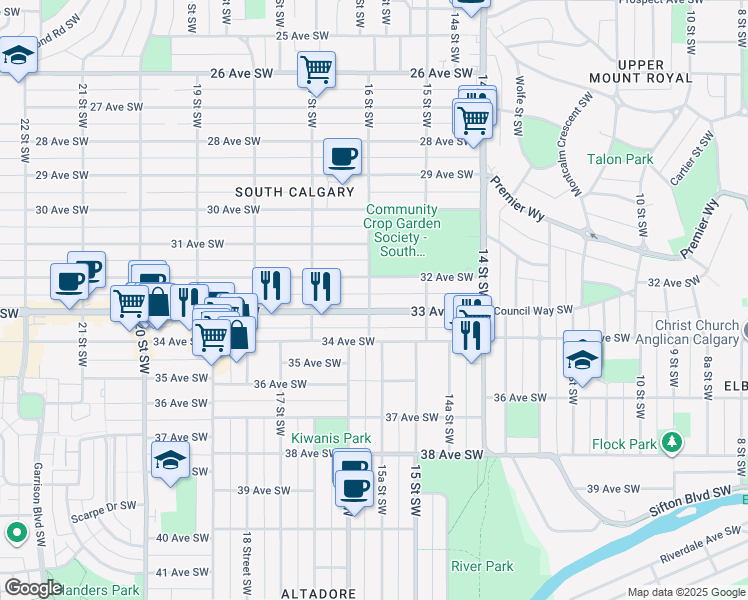 map of restaurants, bars, coffee shops, grocery stores, and more near in Calgary
