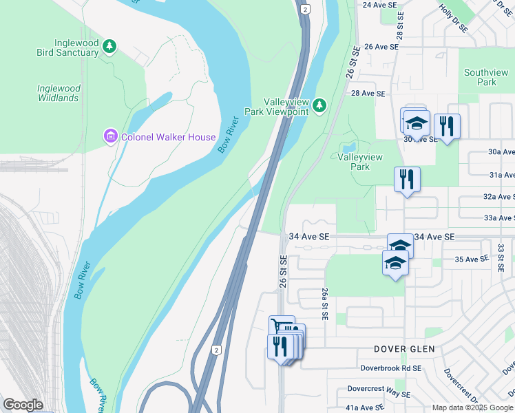 map of restaurants, bars, coffee shops, grocery stores, and more near Deerfoot Trail in Calgary