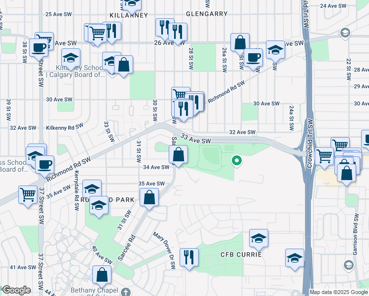 map of restaurants, bars, coffee shops, grocery stores, and more near 3600 29 Street Southwest in Calgary