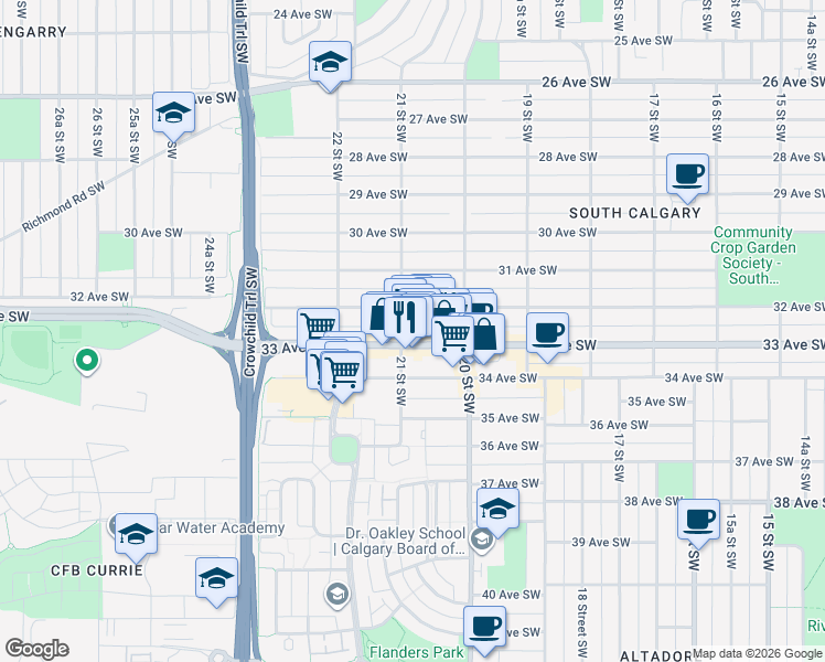 map of restaurants, bars, coffee shops, grocery stores, and more near in Calgary