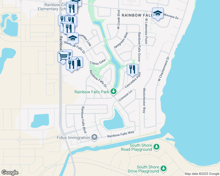 map of restaurants, bars, coffee shops, grocery stores, and more near 389 Rainbow Falls Drive in Chestermere