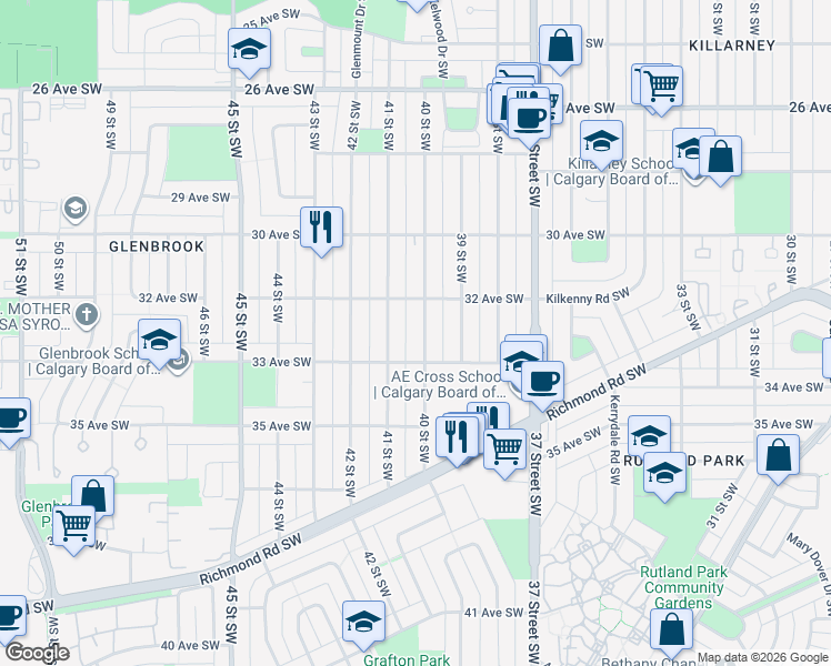 map of restaurants, bars, coffee shops, grocery stores, and more near 3321 40 Street Southwest in Calgary
