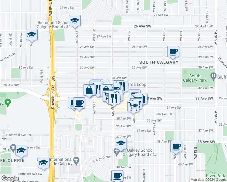 map of restaurants, bars, coffee shops, grocery stores, and more near 2039 32 Avenue Southwest in Calgary