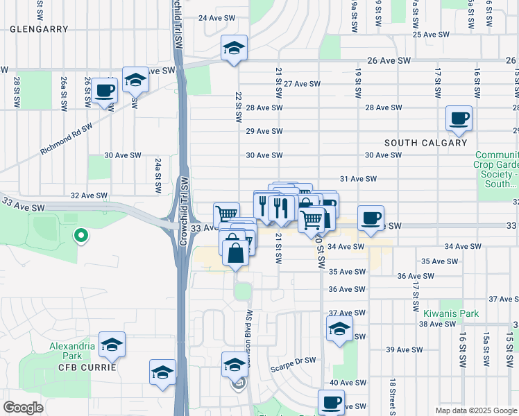 map of restaurants, bars, coffee shops, grocery stores, and more near 2221 32 Avenue Southwest in Calgary