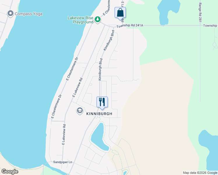 map of restaurants, bars, coffee shops, grocery stores, and more near 203 Kinniburgh Road in Calgary