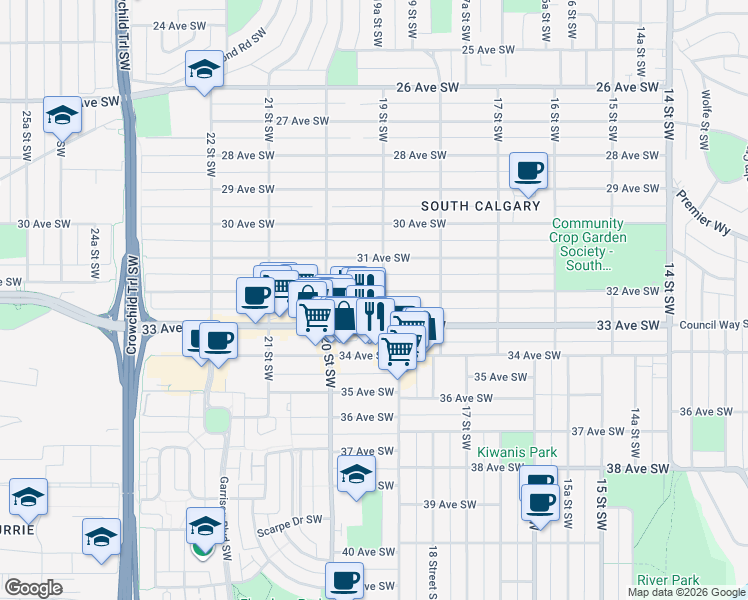 map of restaurants, bars, coffee shops, grocery stores, and more near 2005 32 Avenue Southwest in Calgary