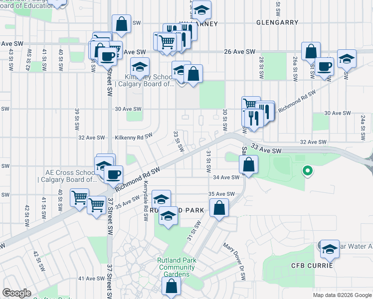map of restaurants, bars, coffee shops, grocery stores, and more near 382 33 Street Southwest in Calgary