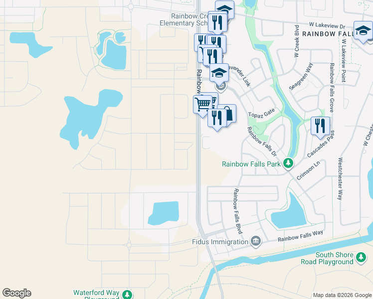 map of restaurants, bars, coffee shops, grocery stores, and more near Rainbow Road in Chestermere