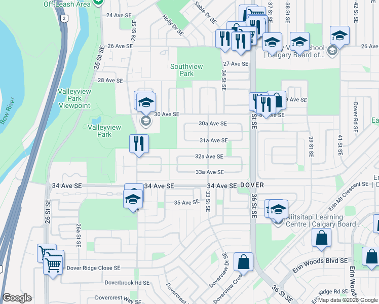 map of restaurants, bars, coffee shops, grocery stores, and more near 3240 31A Avenue Southeast in Calgary