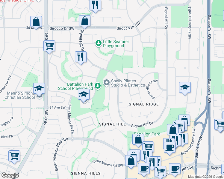 map of restaurants, bars, coffee shops, grocery stores, and more near 18 Sienna Ridge Landing Southwest in Calgary