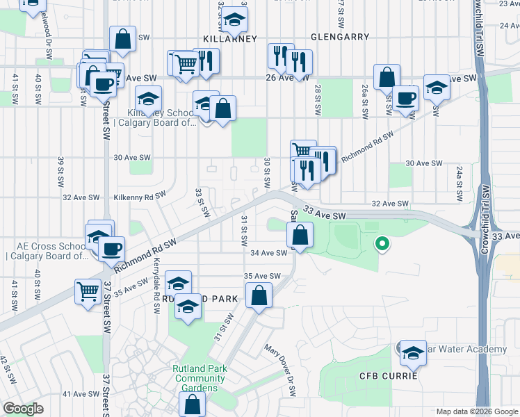 map of restaurants, bars, coffee shops, grocery stores, and more near 121 Killarney Glen Court Southwest in Calgary