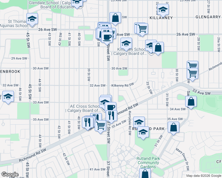 map of restaurants, bars, coffee shops, grocery stores, and more near 3716 Kilkenny Road Southwest in Calgary